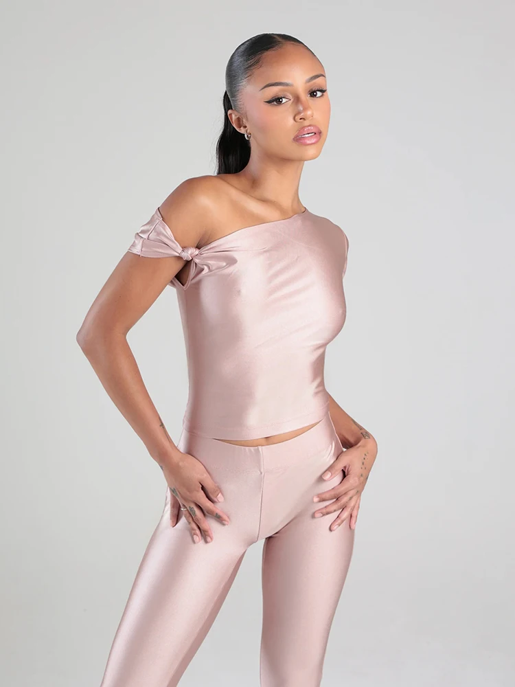 

Sisterlinda Irregular Knot 2-Piece Set Women Sexy Diognal Collar Crop Top+Capri Pants Stylish Solid Hottie Street Slim Outfits