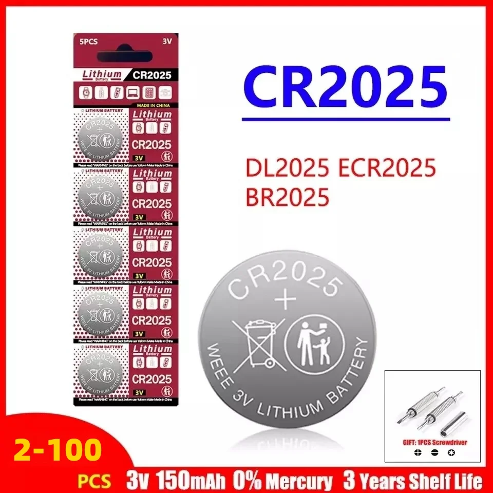 

2-100pcs CR2025 Battery CR 2025 3V Lithium Battery DL2025 BR2025 KCR2025 For Car Remote Control Watch Button Coin Cells