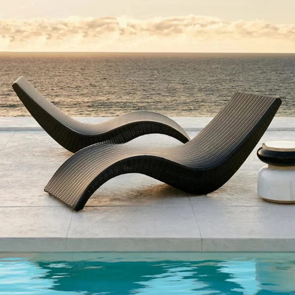 

Synthetic Rattan S Shaped Waterproof Swimming Pool Chair Wicker Beach Bed Stacking Sun Lounger with Cushions