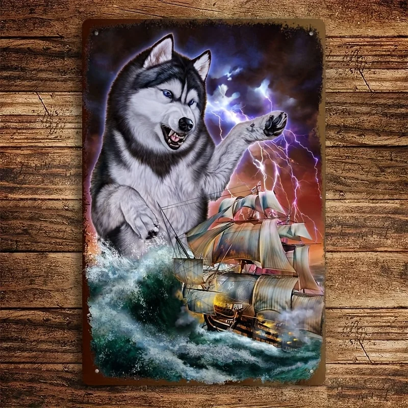 Iron Wall Art - Dramatic Siberian Husky & Stormy Ship Scene Metal Tinplate Plaque,  Rustic Decor for Home, Bar, Cafe, Garage No
