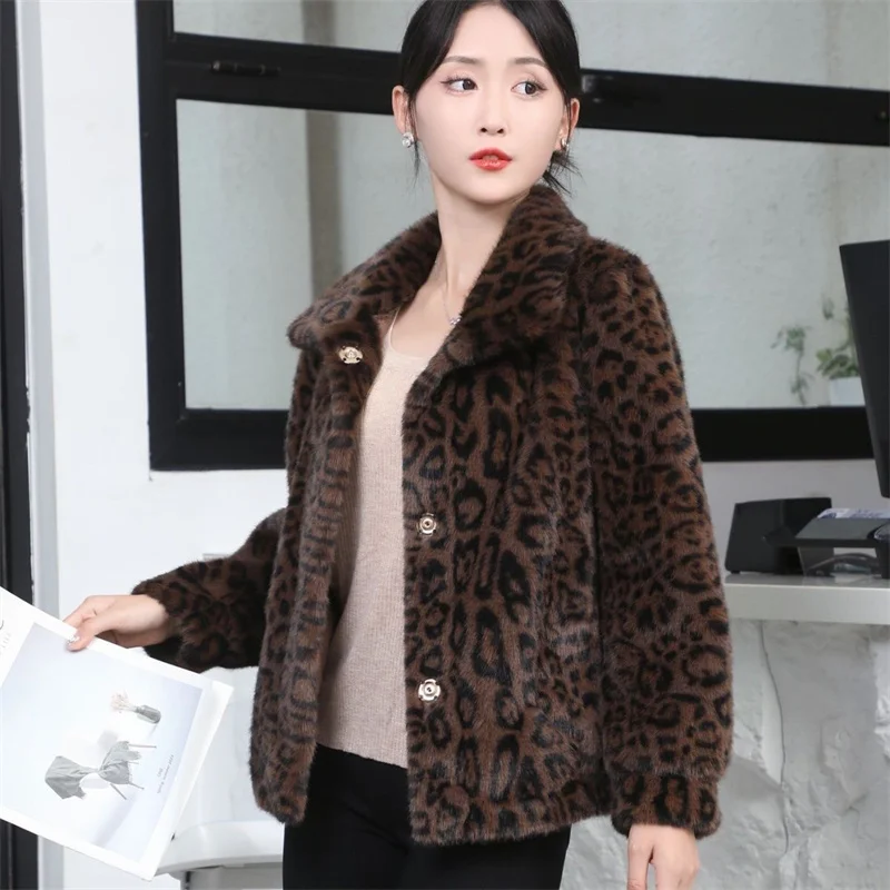 Winter Lady Stand Collar Faux Fur Outwear Korean Women Patchwork Leopard Print Fur Jacket Autumn Female Long Sleeved Plush Coat