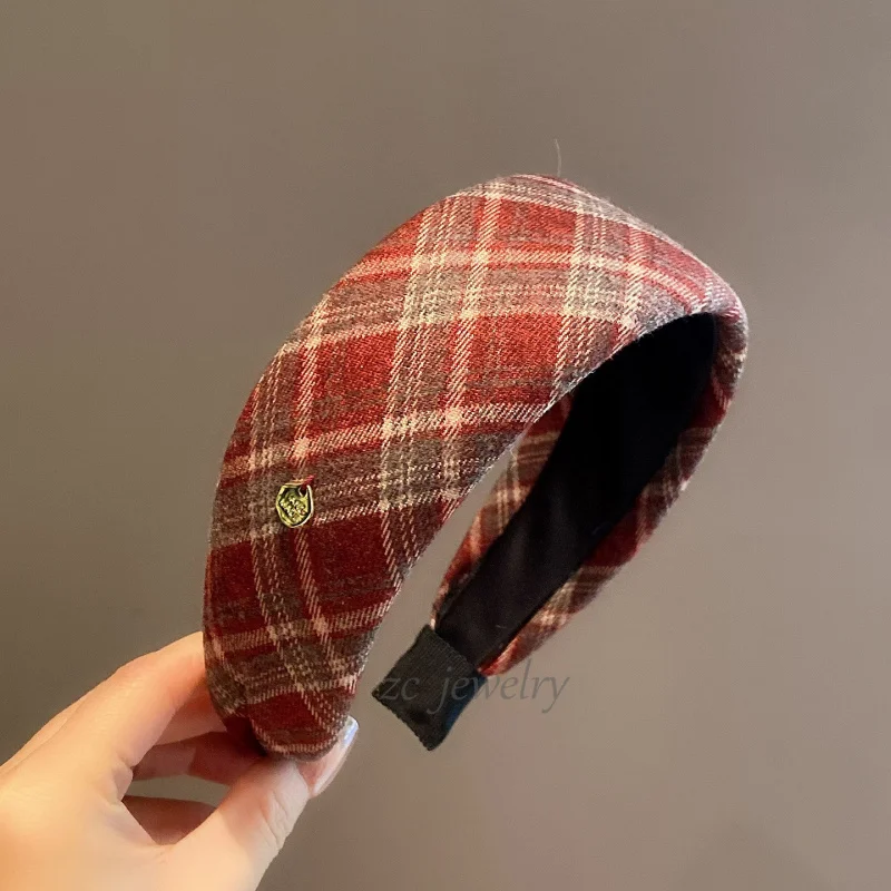 

Vintage Color-Block Plaid Headband Ancora Red Wide Headband High Crown Sponge Headband Age-Reducing College Style Hair Clip