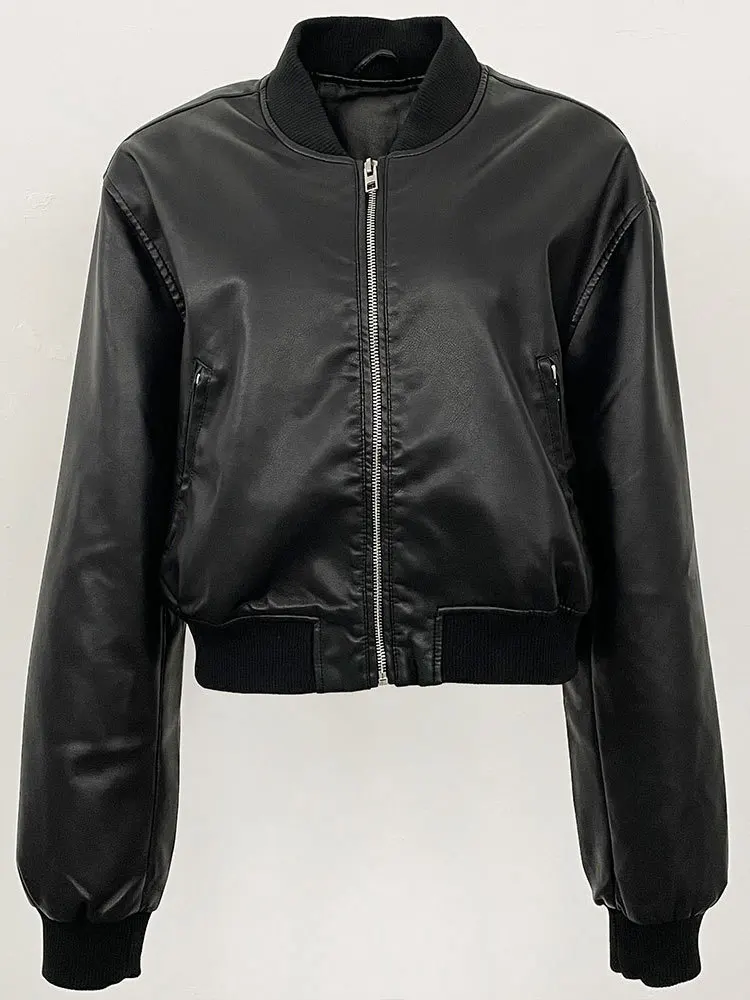Giacca in finta pelle autunno/inverno per donna Colletto rialzato Cerniera Giacche in PU nere Cappotti da strada di moda casual americana