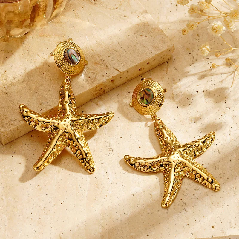 Kissmoon Stainless Steel Gold Color Irregular Hammer Marks Starfish Shell Earring for Women Brithday Jewelry Accessories Gift