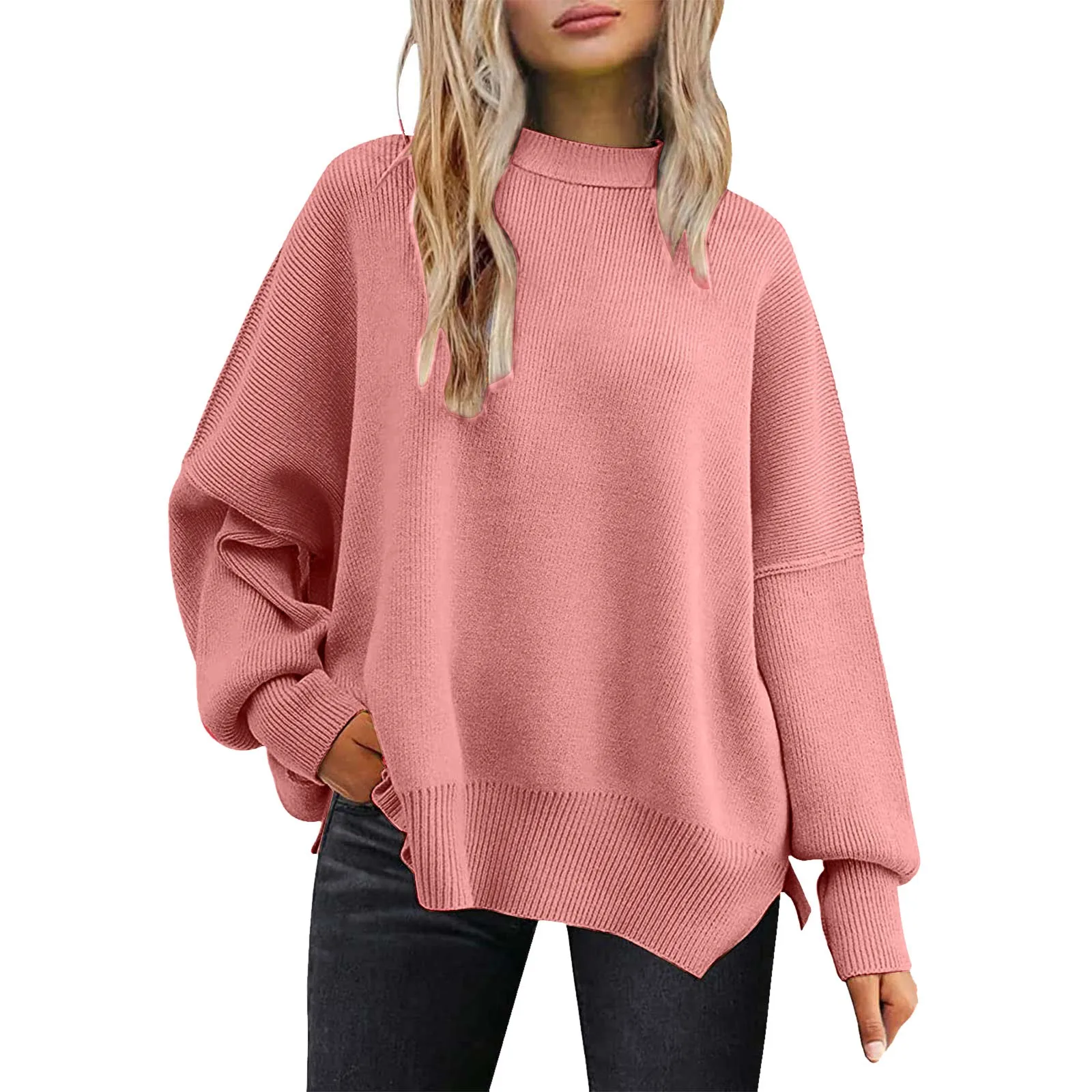 Women's Crewneck Batwing Long Sleeve Sweaters Pullover 2024 Fall Oversized Ribbed Knit Side Slit Casual Pullover Tops