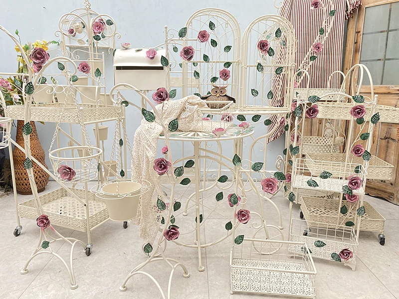 Gardening Country Rose Series Flower Stand Desktop Floor Floor Wall Hanging White Shelf Courtyard Living Room Decoration