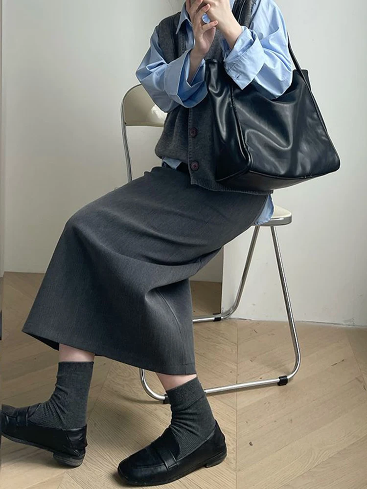 Gray High Waist A-Line  Skirt Women's Spring Summer Slimming Skirt Polyester Fabric Straight Cut Midi Skirt