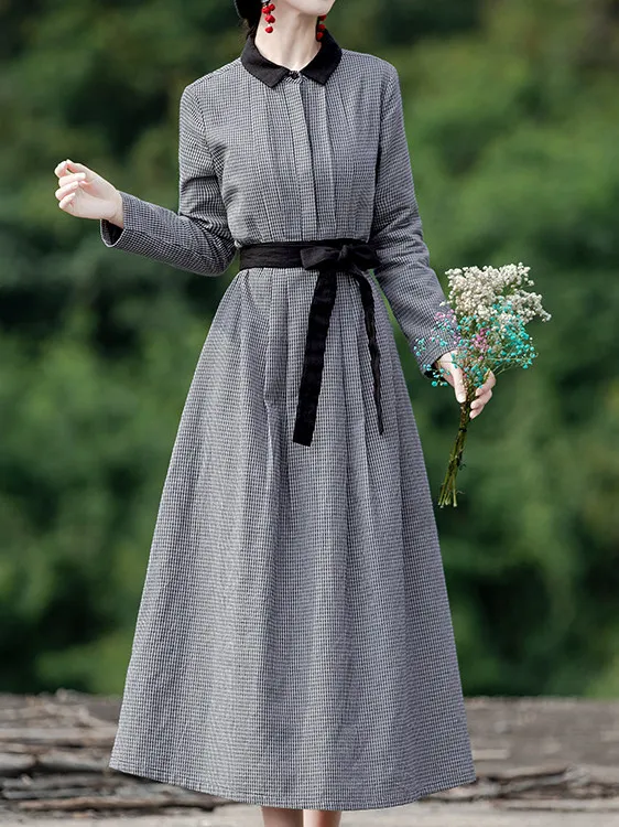 

Retro Artistic Sle Plaid Long Sve Dr Women's A-Line Skirt Slimming Waist Turn-down Collar Daily Wear Winter Ladies