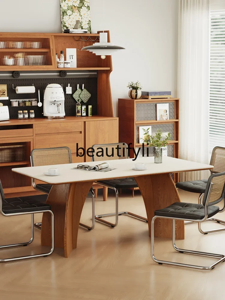 yj57 French small apartment creamy retro household solid wood minimalist rock slab rectangular dining table