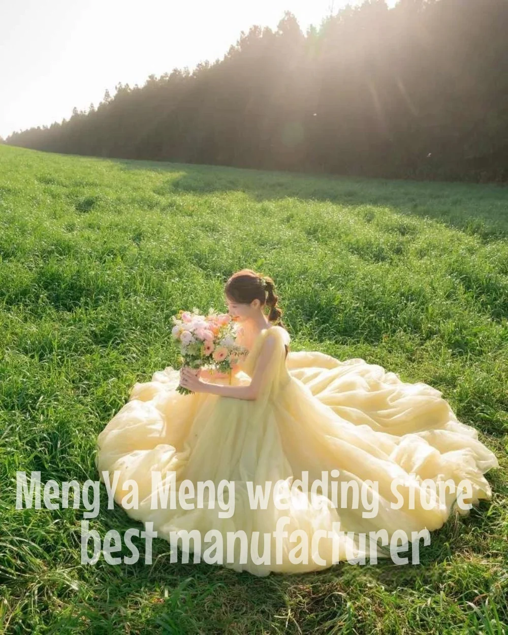 

ZHUISHU Princess Yellow A Line Soft Tulle Wedding Dresses Korea Photoshoot Straps Corset Back Sweep Train Evening Party Gowns