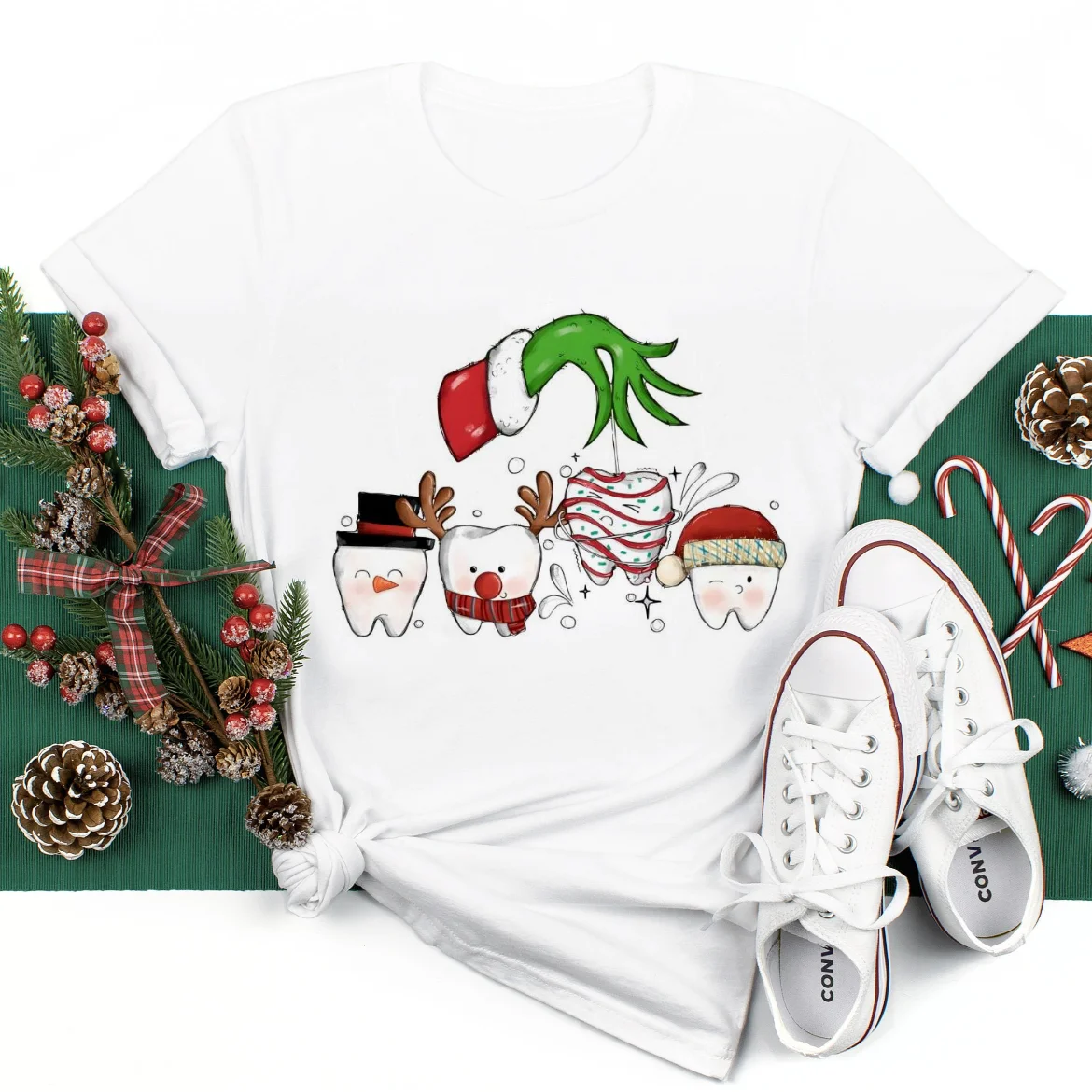 グランチデンタルパターンTシャツ,半袖,水彩スタイル,プリントトップ,ラージサイズ,クリスマス服,ファッション
