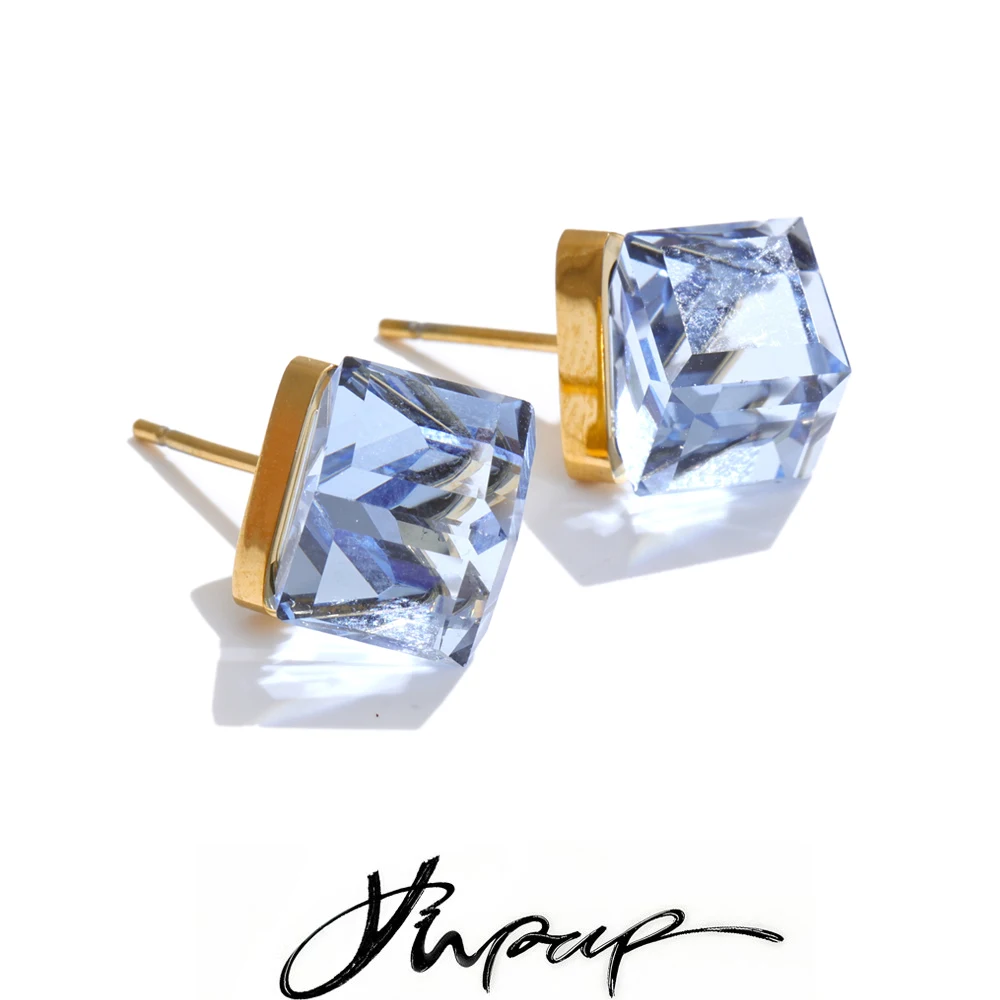 Yhpup Multi-Color Shiny K9 Crystal Square Stud Earrings High Quality Stainless Steel Gold Color Popular Daily Jewelry