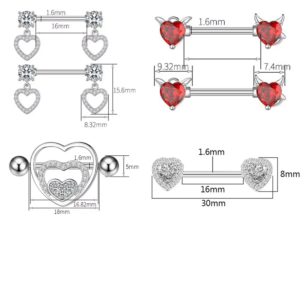 2pcs Heart Nipple Rings 316L Steel Pendant Barbell Shield Piercing for Women Girls Sexy Nipple Piercing Stainless Body Jewelry