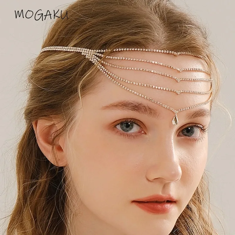 

MOGAKU Bohemian Multi Layer Tassel Forehead Jewelry for Women Rhinestone Headbands Water Drop Head Chain Bride Hair Accessories