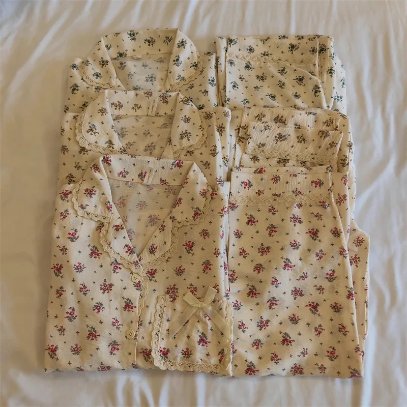 Pajama Sets Turn-down Collar Long Sleeve Women Autumn Sprin Floral Printed Thin Kawaii Trendy Womens 2pcs Kimono Pyjamas Elegant