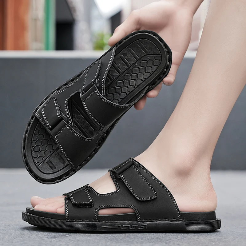 

Summer plus size men's sandals outdoor casual sports slippers leather garden shoes anti slle Roman shoes beach flip garden shoes