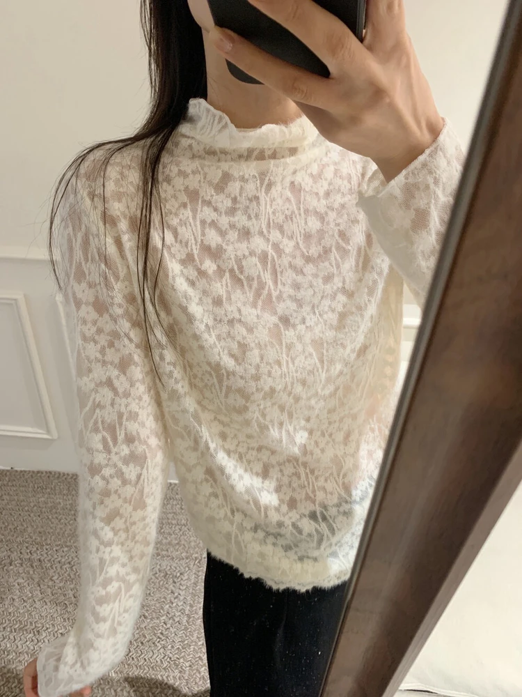 تي شيرت نسائي مطرز بالدانتيل وياقة عالية من Ele، ملابس داخلية عصرية لموسم الخريف والشتاء من ألياف البوليستر