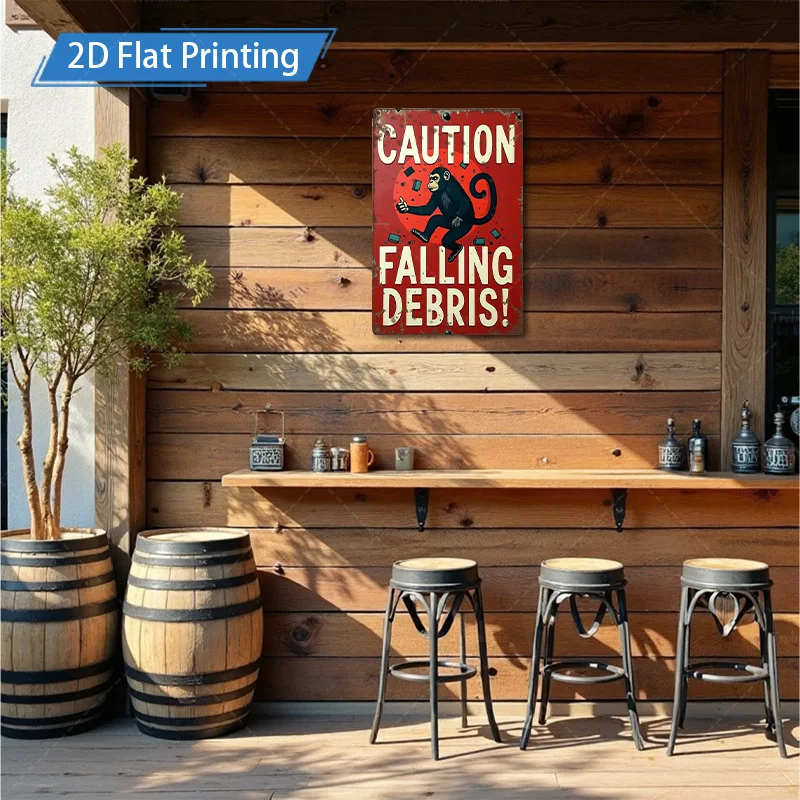 [2D FLAT] 1 قطعة علامة معدنية، 8 × 12 بوصة ريترو قرد الحذر سقوط الحطام علامة معدنية
