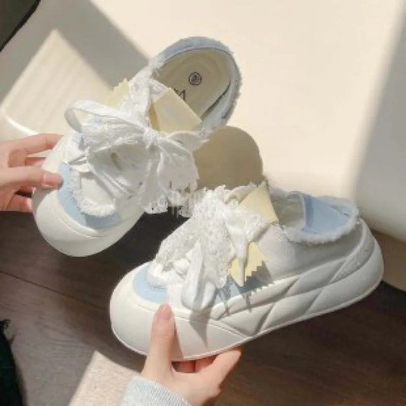 Weiße, blaue Plateau-Sneaker für Damen, mit Spitze und Schleifendekor, klobige Freizeitschuhe mit dicker Sohle, süßer, koreanischer, bequemer Alltags- und Modestil – Detail 3