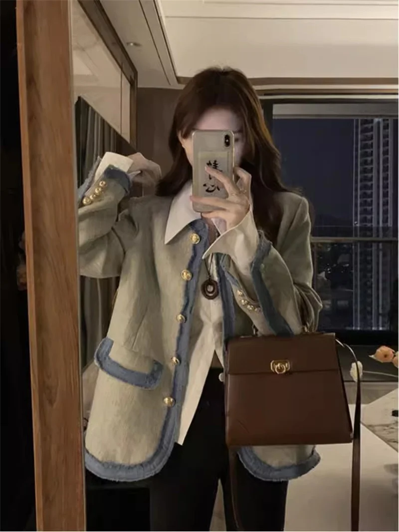 

Small Fragrant Wind Contrast Colored Spliced Suit Coat for Women Spring and Autumn 2024 Design Sense Elegant Style Celebrity Top