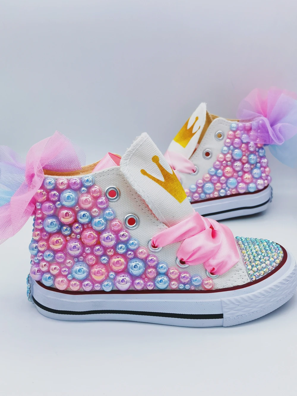 Kids Canvas Shoes Mesh Flower Back Design Crown Unicorn Theme Birthday Party DIY Girl Shoes Dollbling Handmade Bling Sneakers