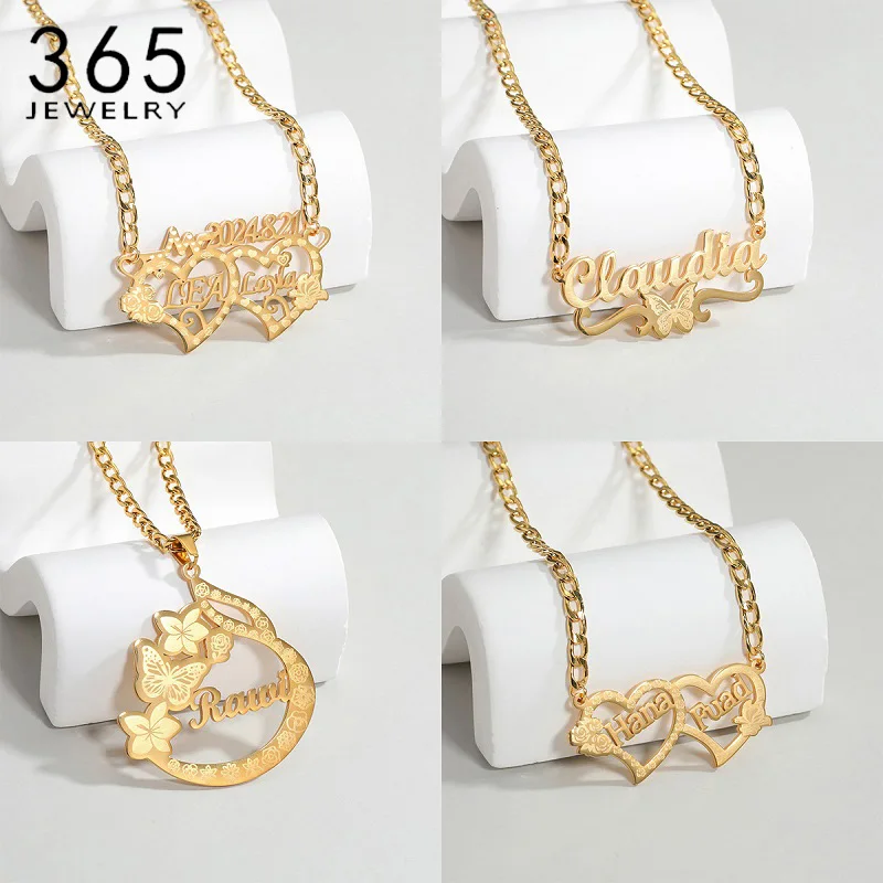 

365 Custom Name Necklaces Ring Butterfly Heart Stainless Steel Personalized Engraved Charming Nameplate Women Girls Jewelry Gift