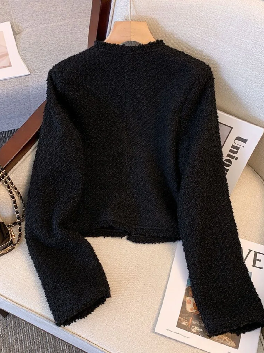 Black Slim Fit Spring Autumn Outerwear Women's Style Quilted Short Coat Button round Neck No Hat Youth Fashion Elegant Lady
