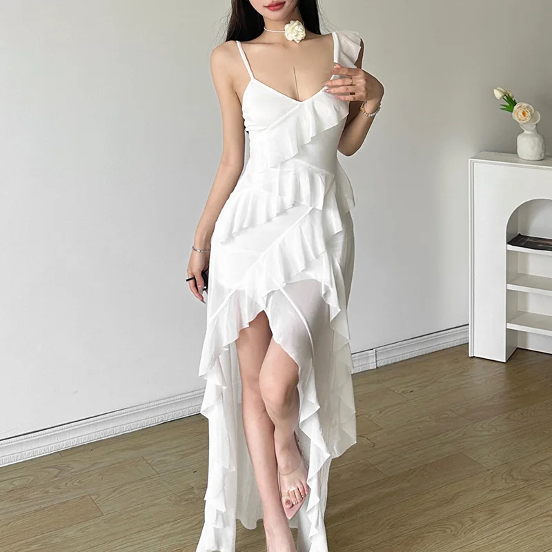 

Irregular Patchwork Long Dress Women Sexy Sling V-Neck Backless Off Shoulder Robe Ruched Ruffles Tassel Street Elegant Vestidos