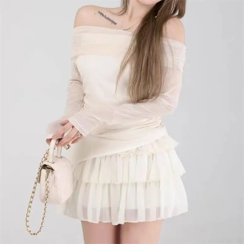 Autumn and Winter Women Two Pieces Skirt Set Y2k Off Shoulder T-shirt + Lace Cake Skirts Japanese Fashion Suits Chic Clothing