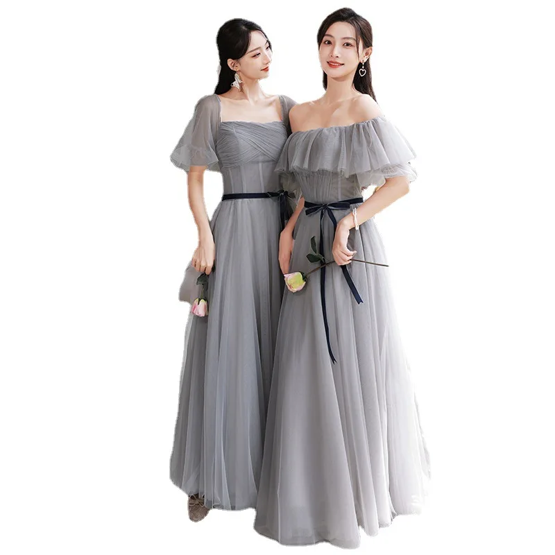 Grey Simple Bridesmaid Dress With Lace Up 4 Styles Elegant Off The Shoulder Tulle A-line Wedding Party Evening Dresses Vestidos