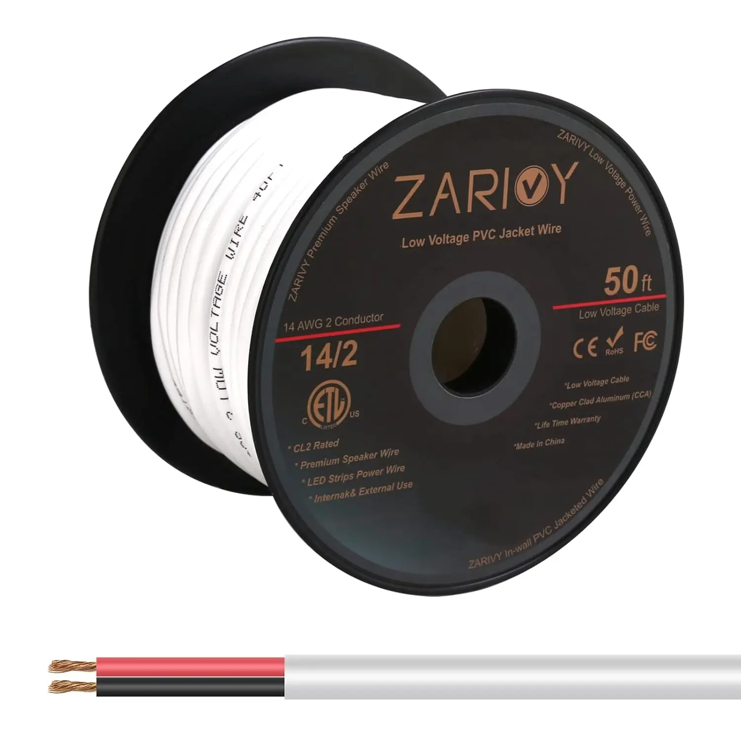

50ft 14 Gauge 2 Conductor Red Black Speaker Wire with Fire Resistant White Jacket for In-Wall Use