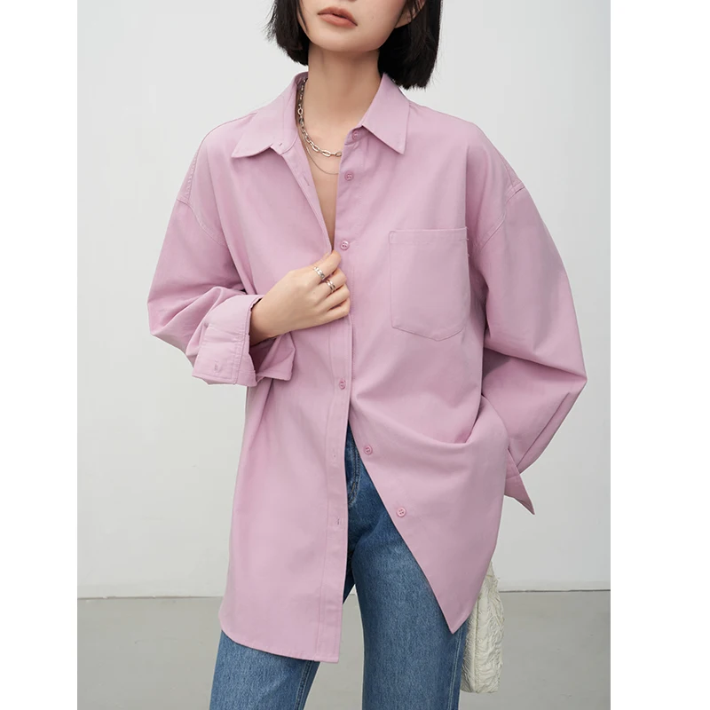 

Весна 2023: Повседневная свободная розовая женская блузка с длинным рукавом, премиум-класса, в корейском стиле, для офиса, однотонная, из хлопка