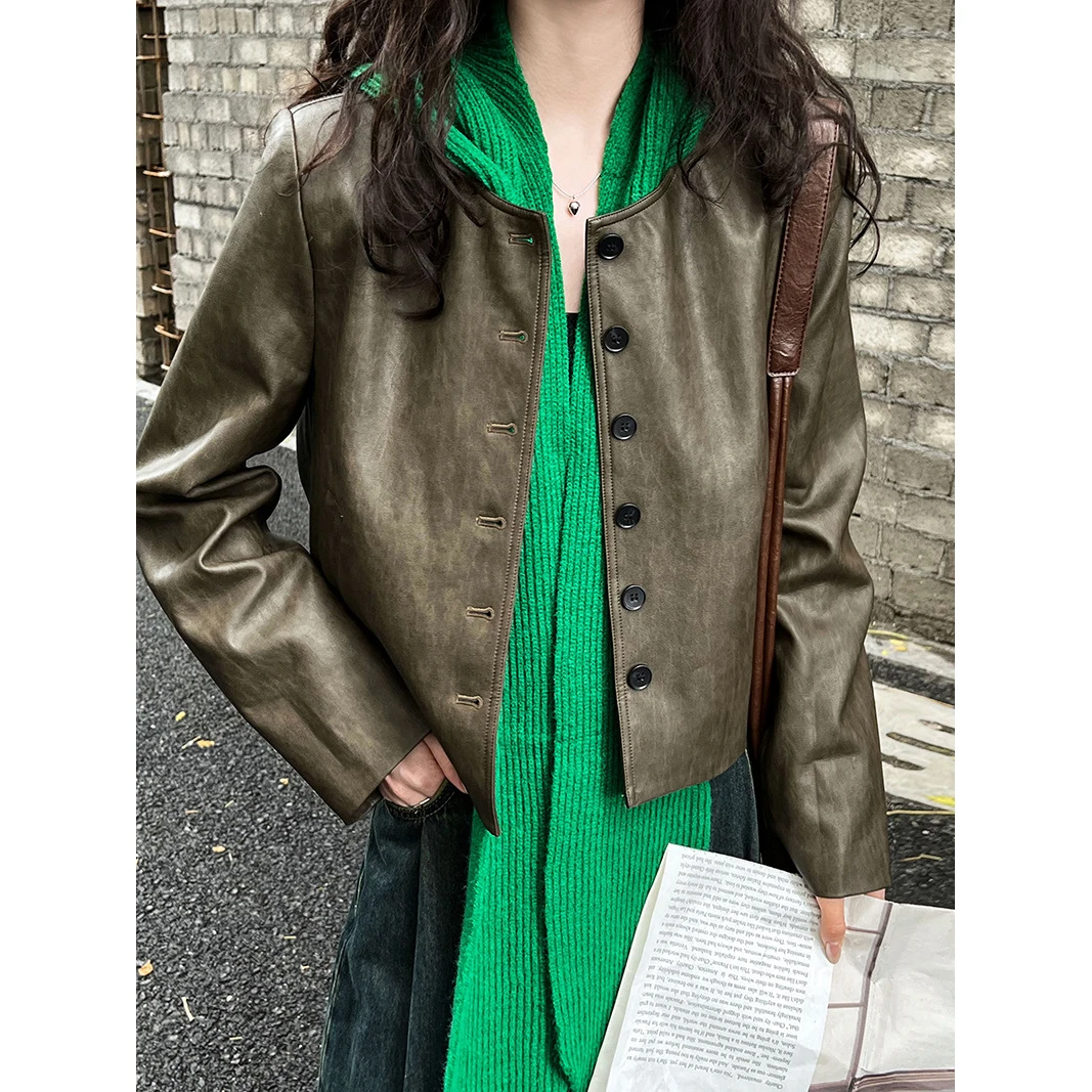 2024 Spring Pu Leather O-Neck Jacket Fashion Women Classic Army Green Color Jacket Femme Streetwear Women Tops Clothes