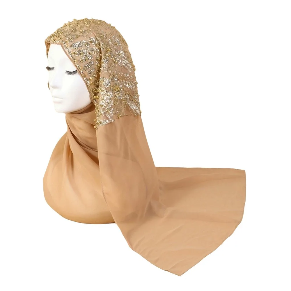 Elegant Silk Pearl Chiffon Hijab Scarf Gold Beads Embroidery Islamic Turban All-march Thin Sequin Wraps Shawl Eid al-Fitr