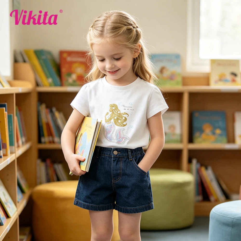 VIKITA Mädchen-T-Shirts mit Meerjungfrauen-Print, Cartoon-Motiv, weiß, O-Ausschnitt, kurze Ärmel, Sommer, Baumwolle, lässige Oberteile und T-Shirts, Kinderkleidung