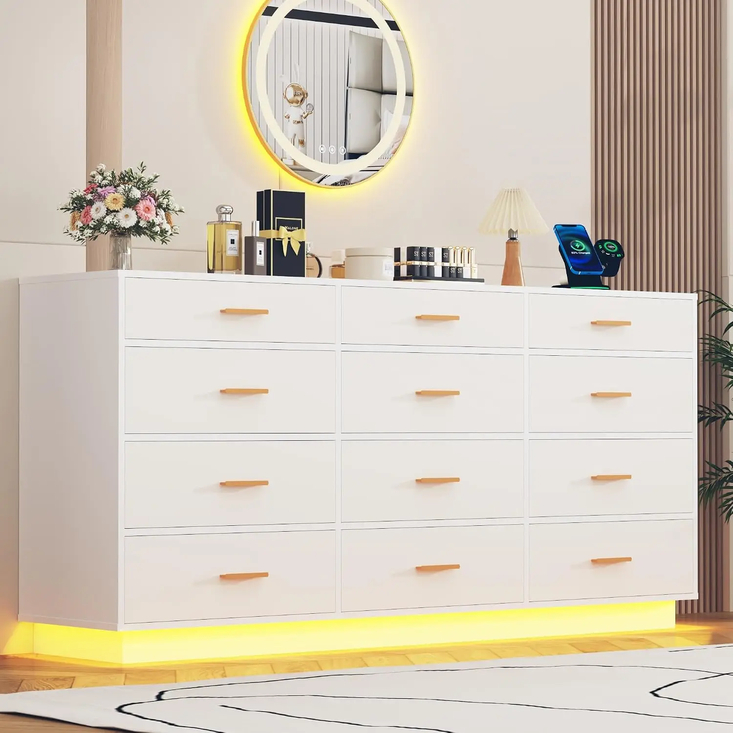 12 Drawers Dresser W/Power Outlets & LED Lights, 63 Inch Wood Storage Chest For Bedroom Closet Hallway, Customized