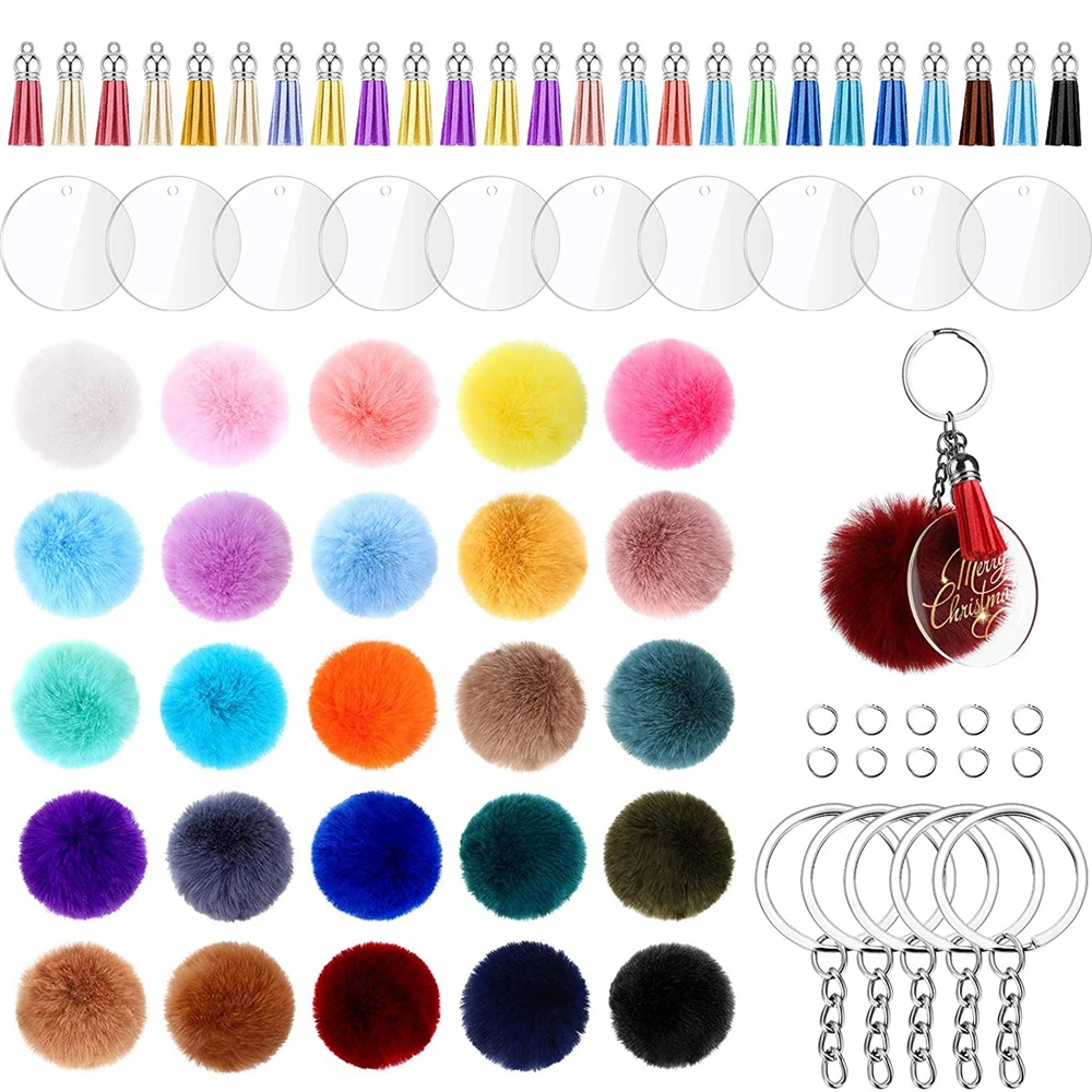 170/195pcs Plush Ball Keychain Tassel Charms Set Soft Rabbit Clear Acrylic Blanks Ornaments Blank Key Rings for DIY Craft Gifts