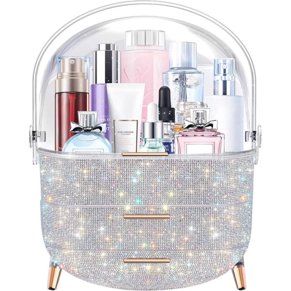 Egg Shape(Oval) Makeup Storage Box, Countertop Portable Vanity Cosmetics Organizer Preppy Style (Rhinestone)