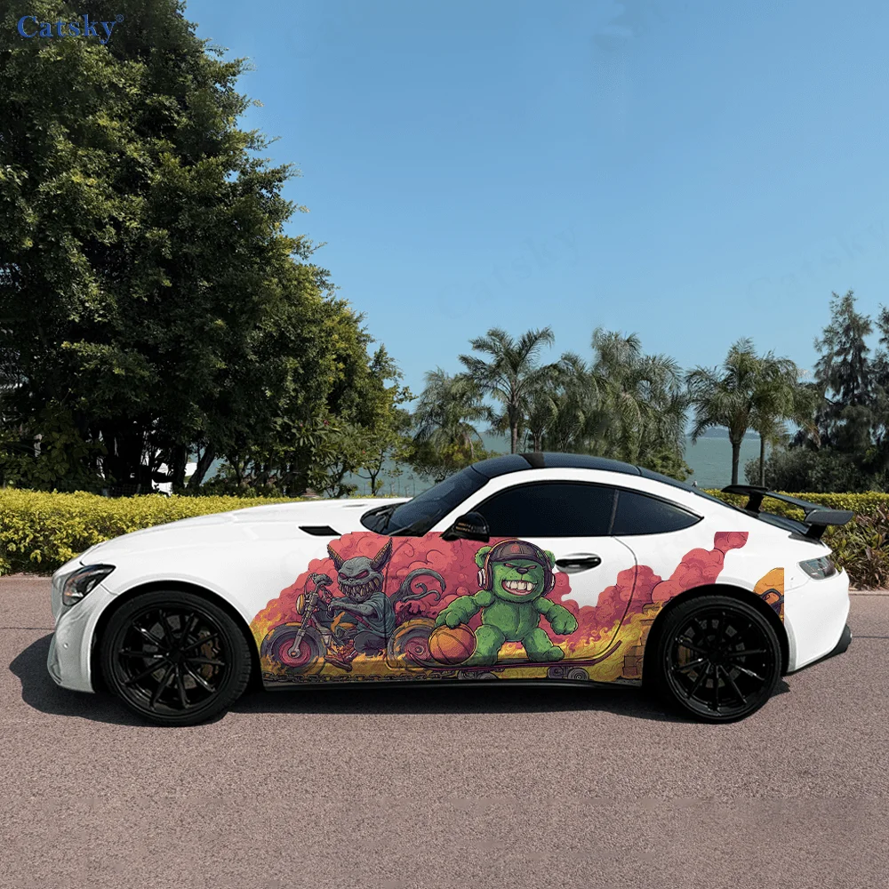 2pcs.Trendy Cool Speed Demon & Angry Bear (With Chain, Bricks & Skateboard) Car Wrap Sticker.Automotive Sticker
