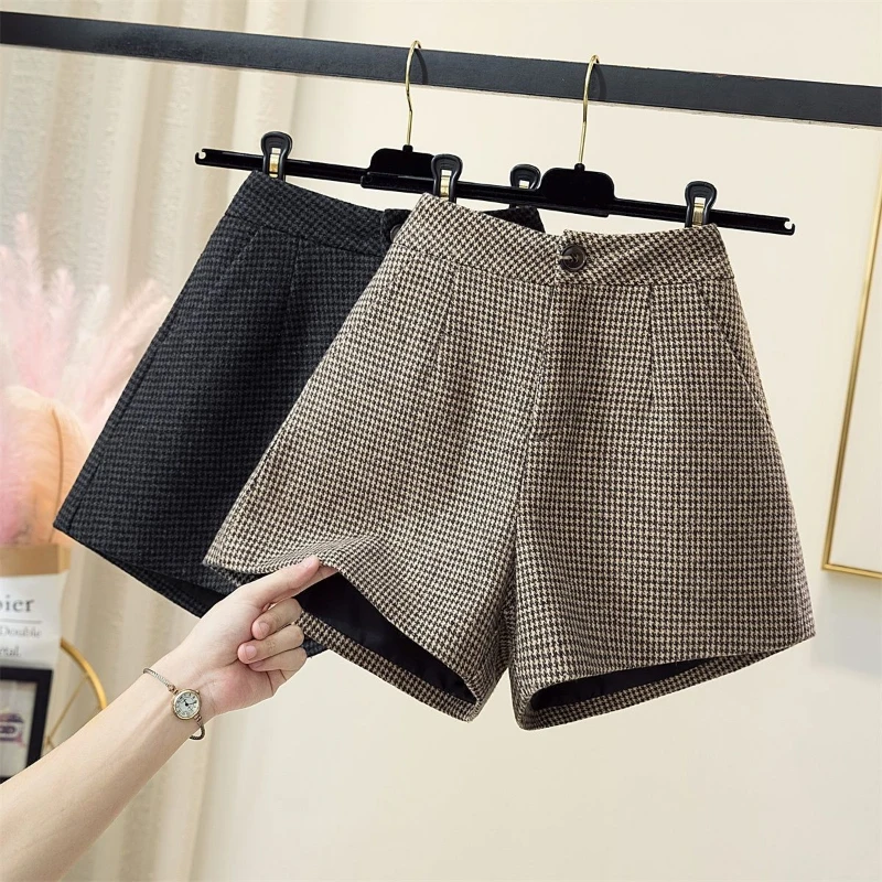 Korean Fashion Autumn New Woolen Women Houndstooth Zipper Button Pockets Casual High Waist Loose Straight A-line Wide Leg Short