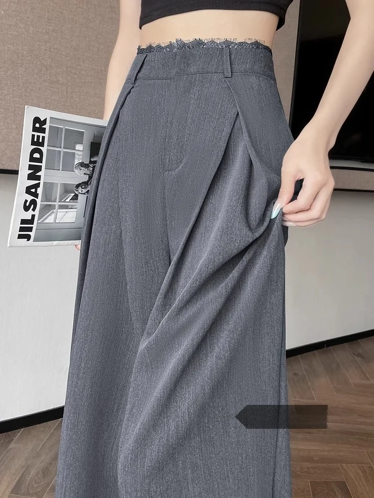 

Ice Silk Wide Leg Pants Women's Summer Thin Lace Trim High Waist Slimming Loose Drapey Straight Casual Floor Length Trousers