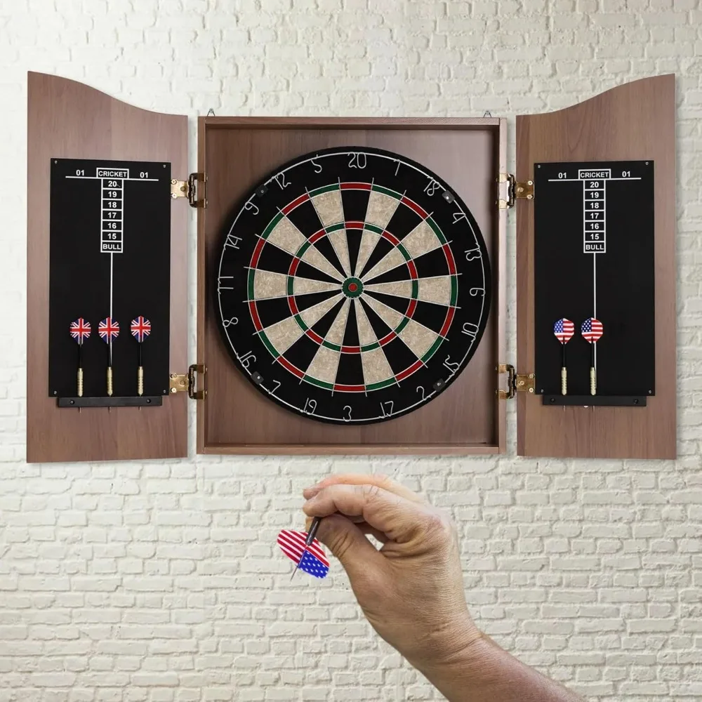 

Classic Wall Mounted Wooden Ready-to-Use Dartboard Cabinet Set with Dart Storage Holes and Scoreboard for Adults