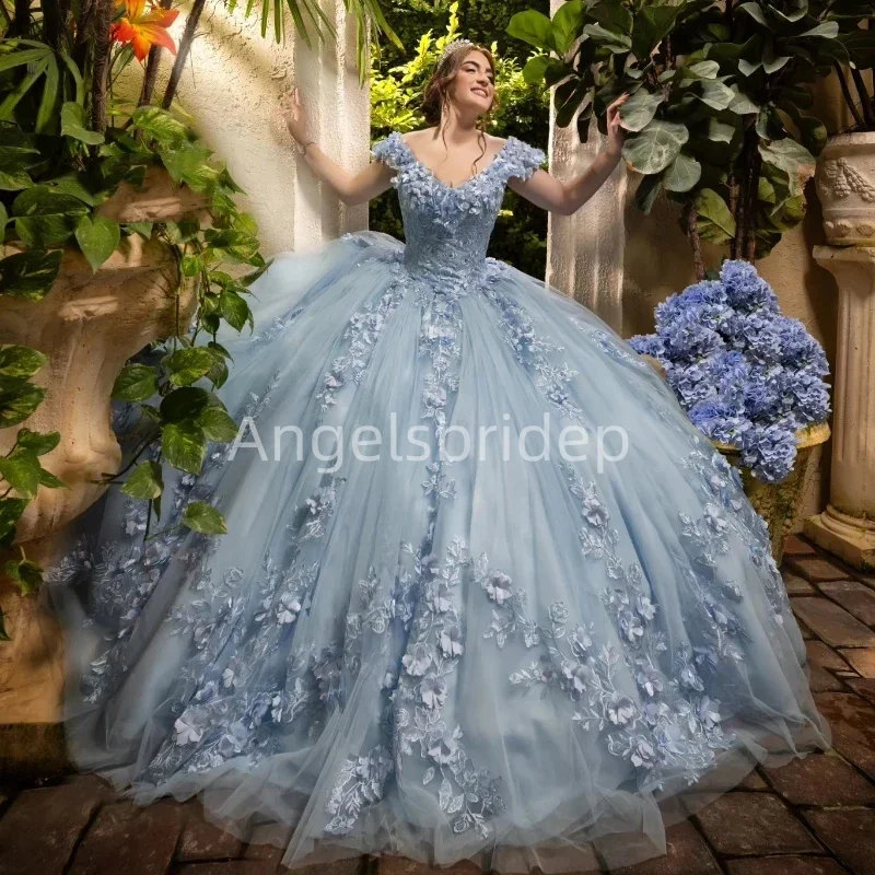 

Angelsbride Sky Blue Off The Shoulder Ball Gown Quinceanera Dresses 3D Flora Princess Birthday Sweet 16 Dress Vestidos De Fiesta