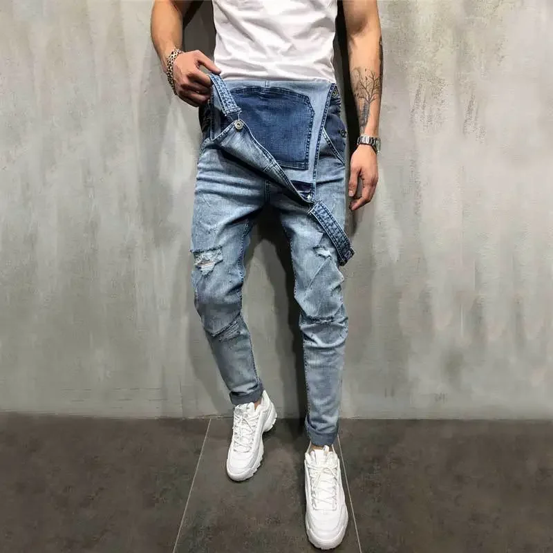 Men's Spring and Autumn Jeans, New Style Retro Casual All-match Ripped Dungarees, Fashionable High Street Trendy Brand Dungarees