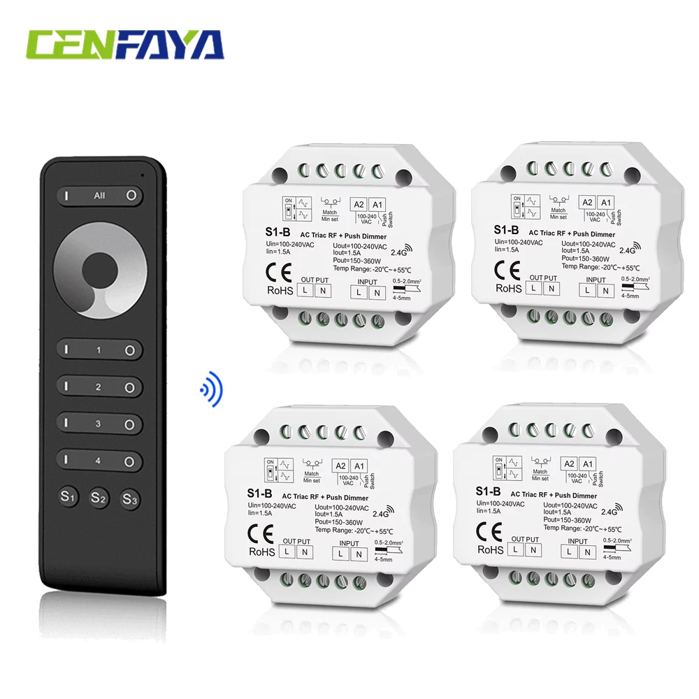 

4-zone Wireless AC Triac LED Dimmer Controller 110V 220V 230V Push Switch 2.4G RF Dimming Remote Control for Single Color Lamp