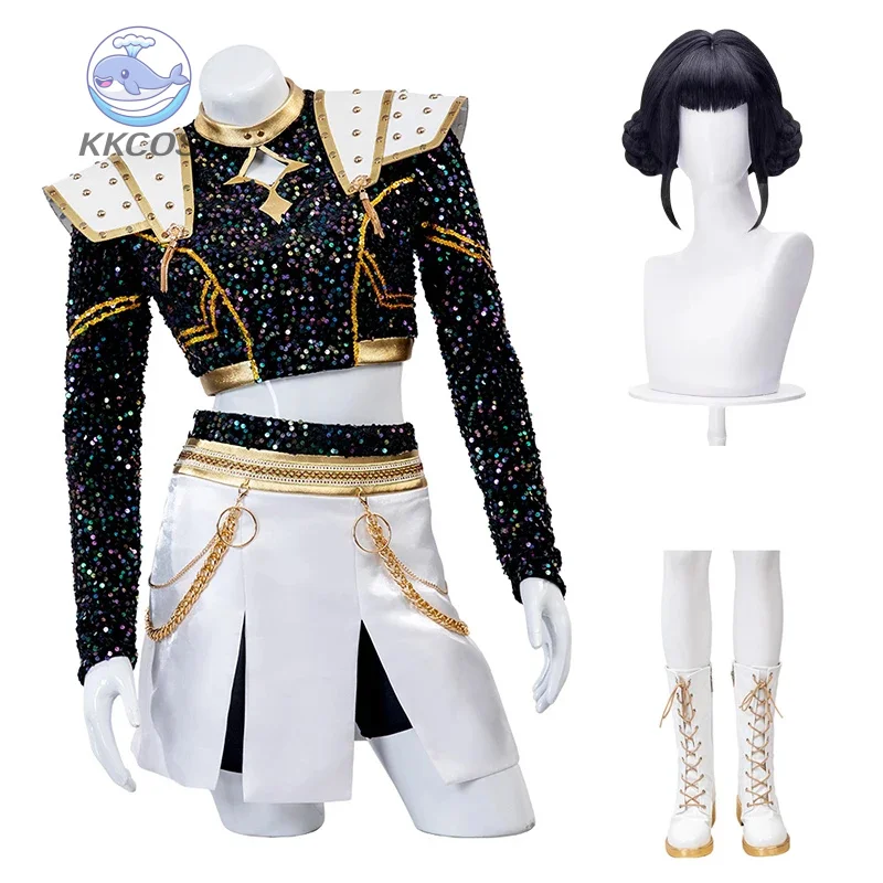 أزياء KPop Zoey التأثيرية، أحذية شعر مستعار، معطف أسود، بدلة غناء، أزياء ترويجية للأغنية للنساء، أزياء لعب الأدوار في حفلات الهالوين