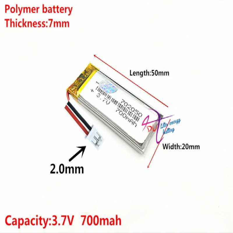 PH 2.0 2 핀 702050 3.7V 700MAH 범용 리튬 이온 배터리, 태블릿 pc 7 인치 8 인치 9 인치 헤드폰 DVD 전자 책 블루투스 카메라