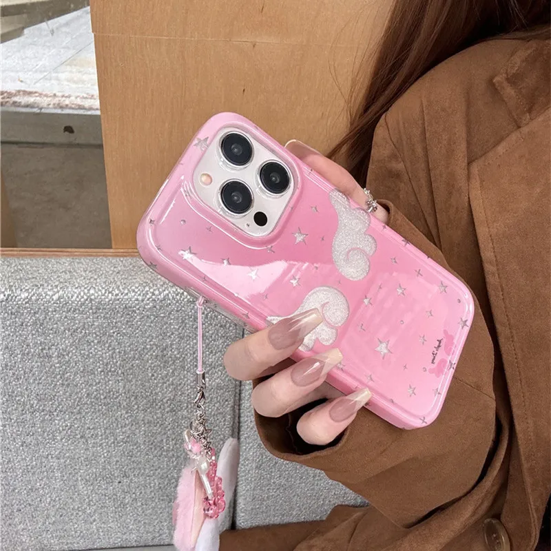 لطيف التدرج قوس قزح الكرتون ستار أجنحة الملاك بريق جراب هاتف آيفون 13 14 15 16 برو ماكس شعر رقيق ستاردست الكروب