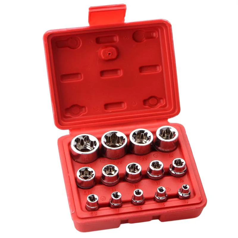 Wrench Head Star Socket Set External Torx Socket Set With A Case Auto Repair Tools Female E Torx Socket Set 14-Pieces E4-E24