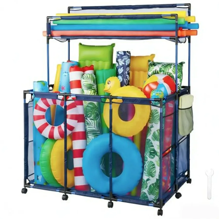 

Outdoor pool float storage bin basket with top rack for toys, rafts, noodles; double-tier metal frame, 10 wheels, mesh rolling